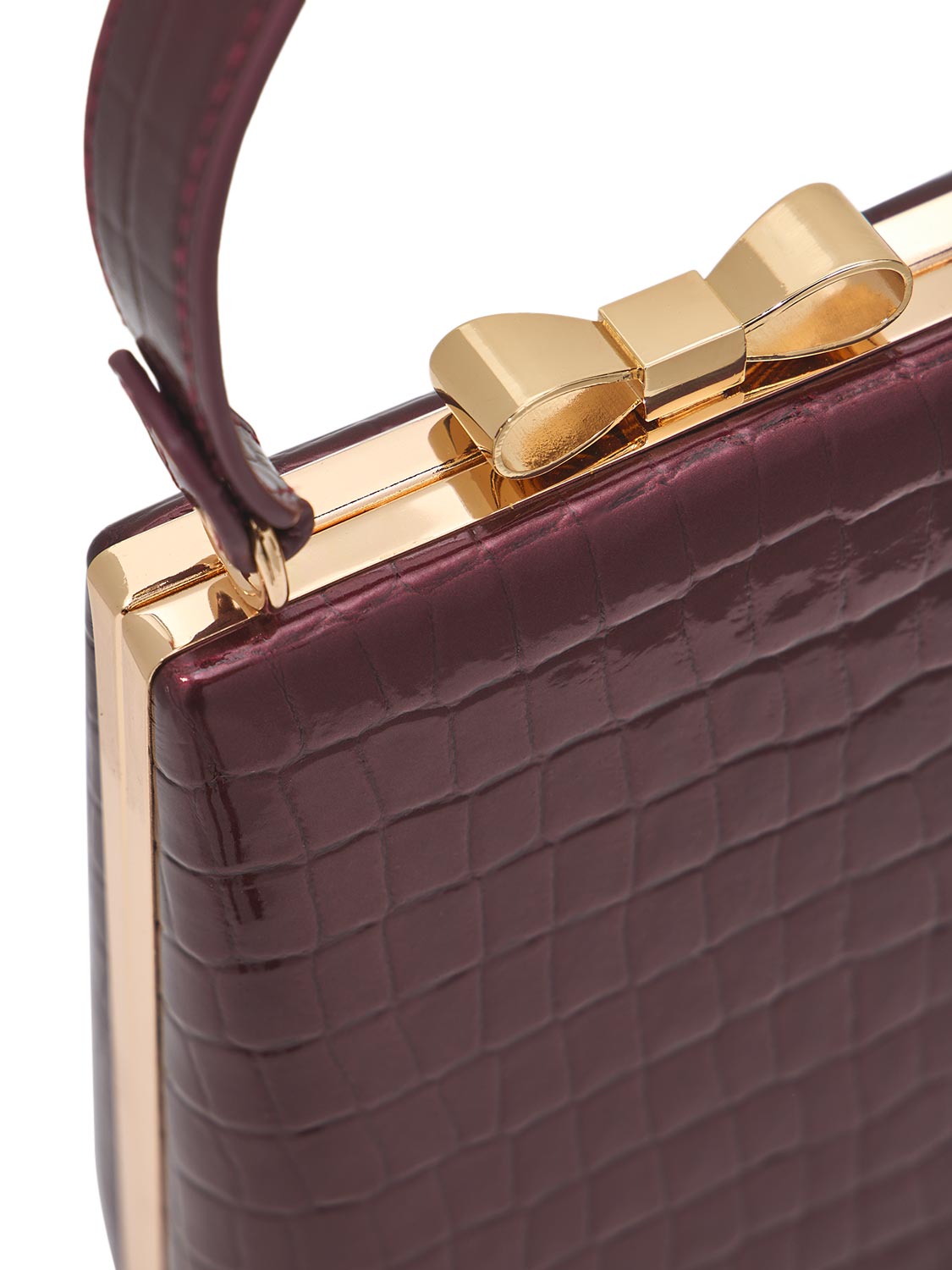 Black/Gold Faux Leather Croc Minaudire with Jewel Bow - Close-up Clasp Detail - Le Chateau