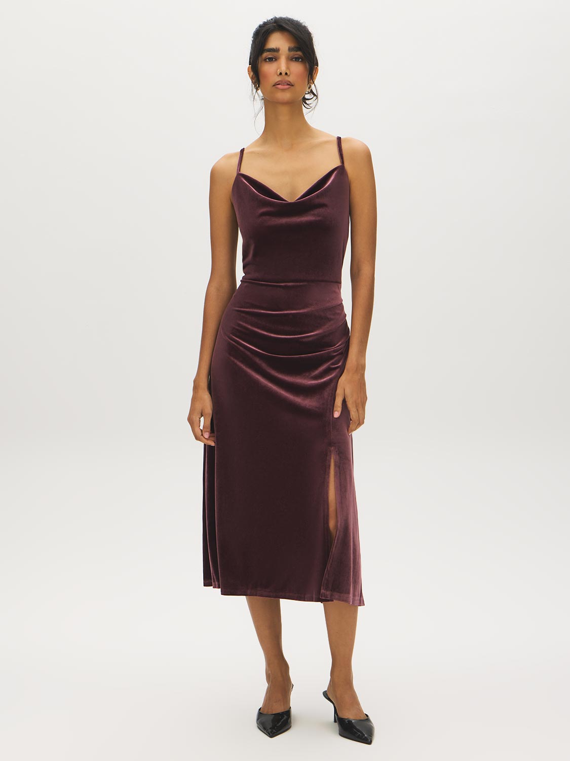 Dark Raisin Cowl Neck Velour Knit Dress - Front View - Suzy Shier