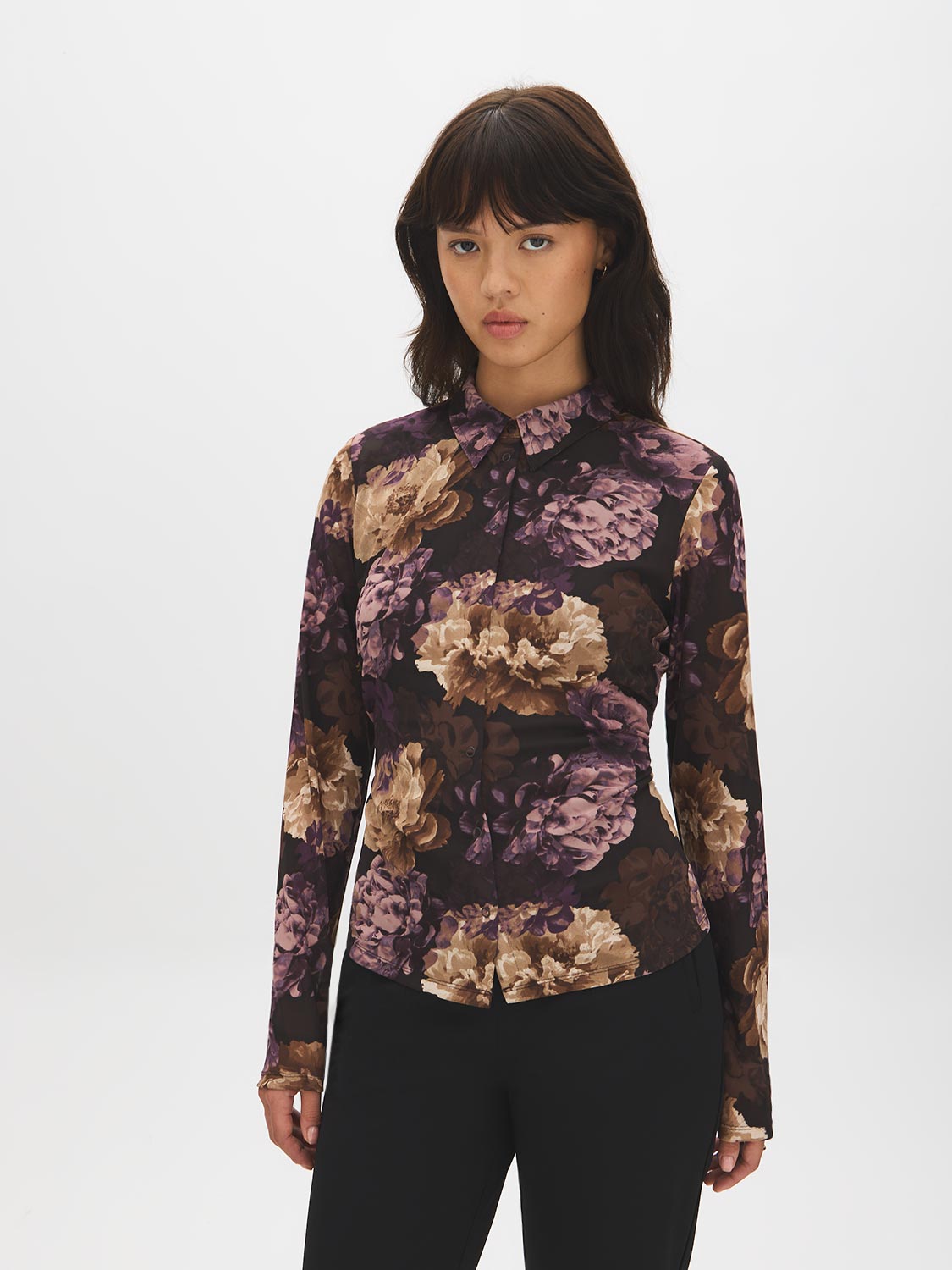 Prune Floral Printed Mesh Blouse with Shirring - Woman Wearing Fitted Floral Top - Suzy Shier