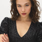 Jet Black Sequin V-Neck Dress with Caterpillar Sleeves - Close-up Fabric Detail - Suzy Shier