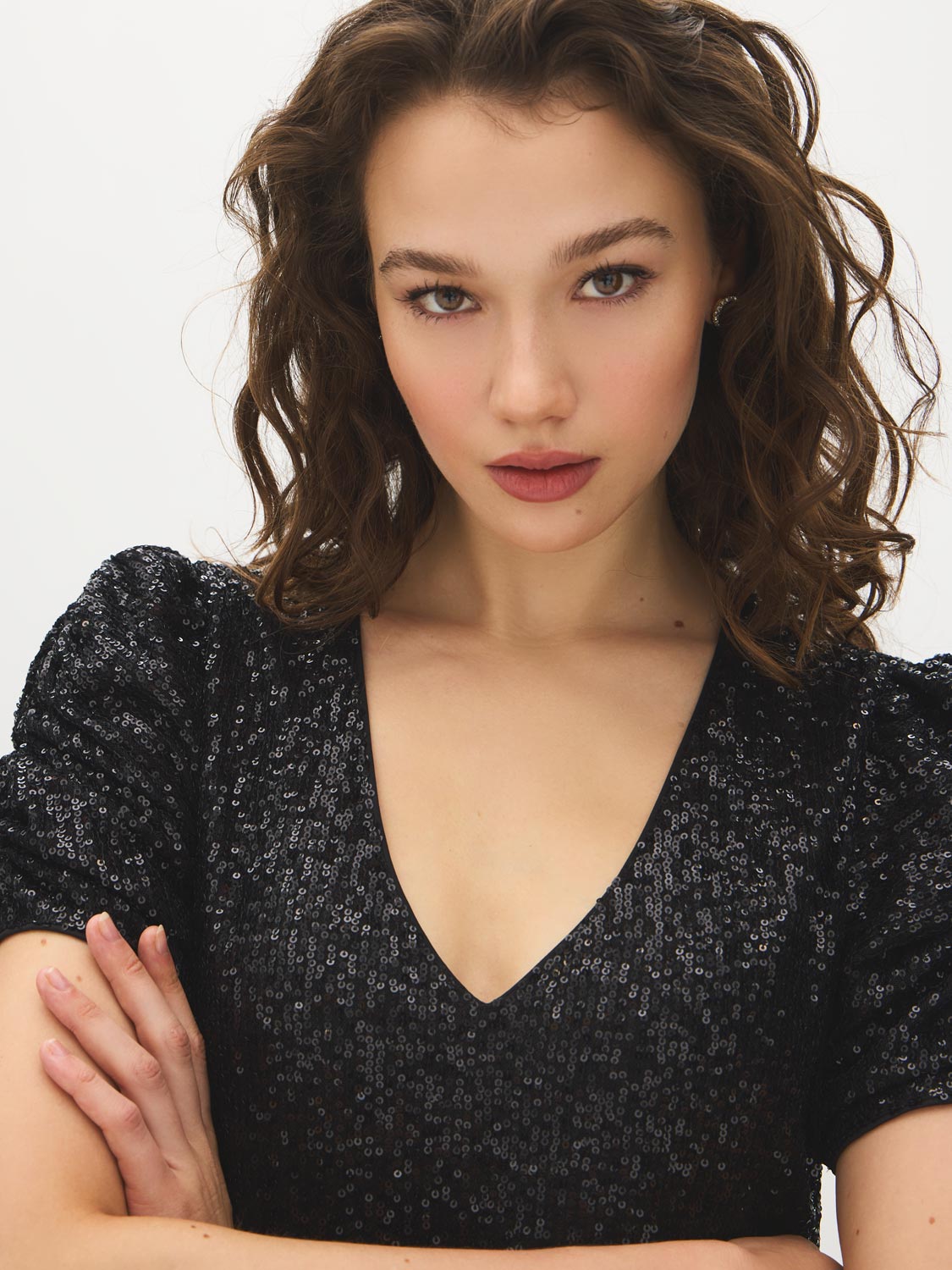 Jet Black Sequin V-Neck Dress with Caterpillar Sleeves - Close-up Fabric Detail - Suzy Shier