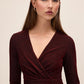 Red/Black Lurex Knit Crossover Neck Midi Dress - Close-up Neckline Detail - Le Chateau