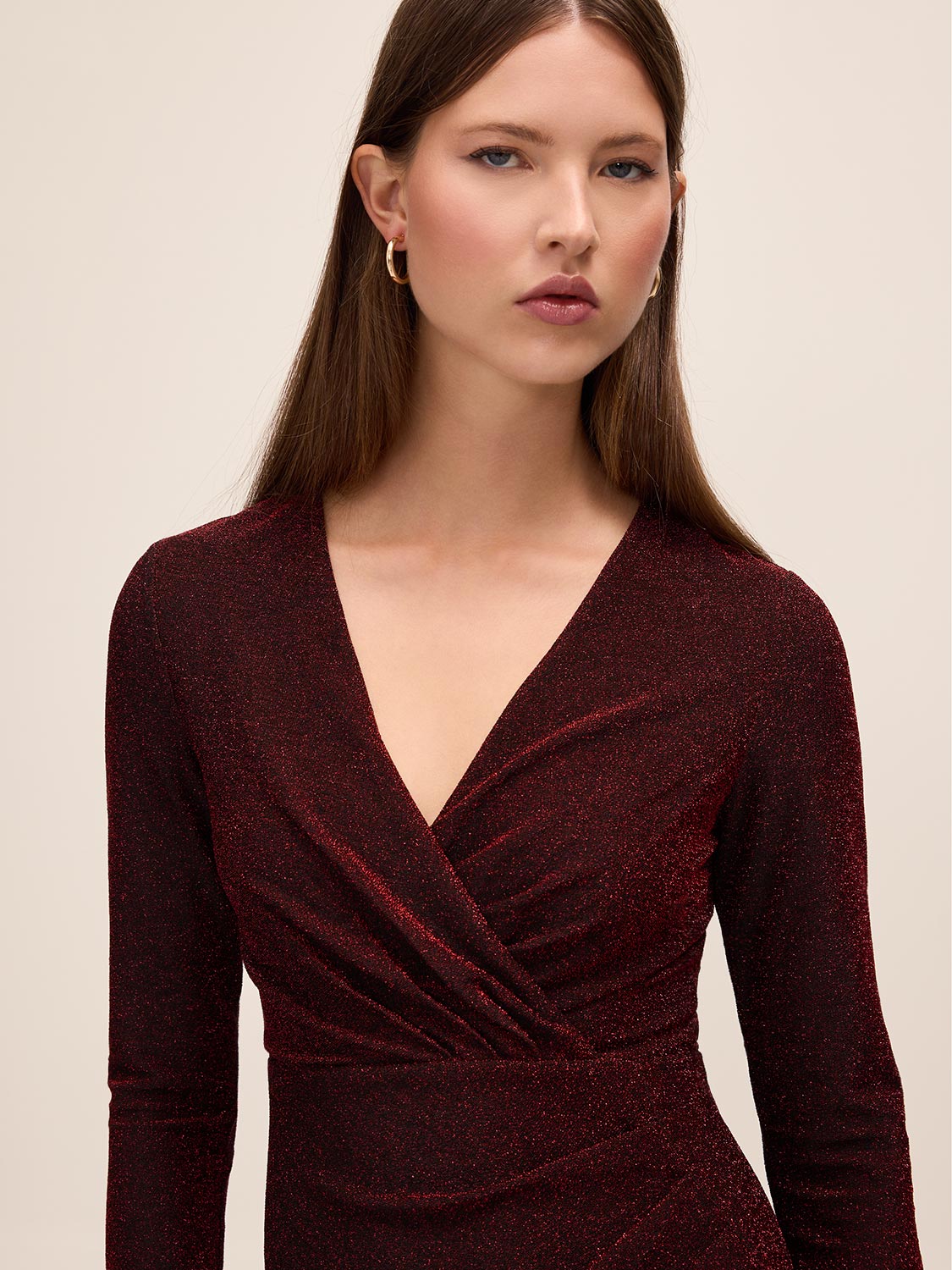 Red/Black Lurex Knit Crossover Neck Midi Dress - Close-up Neckline Detail - Le Chateau