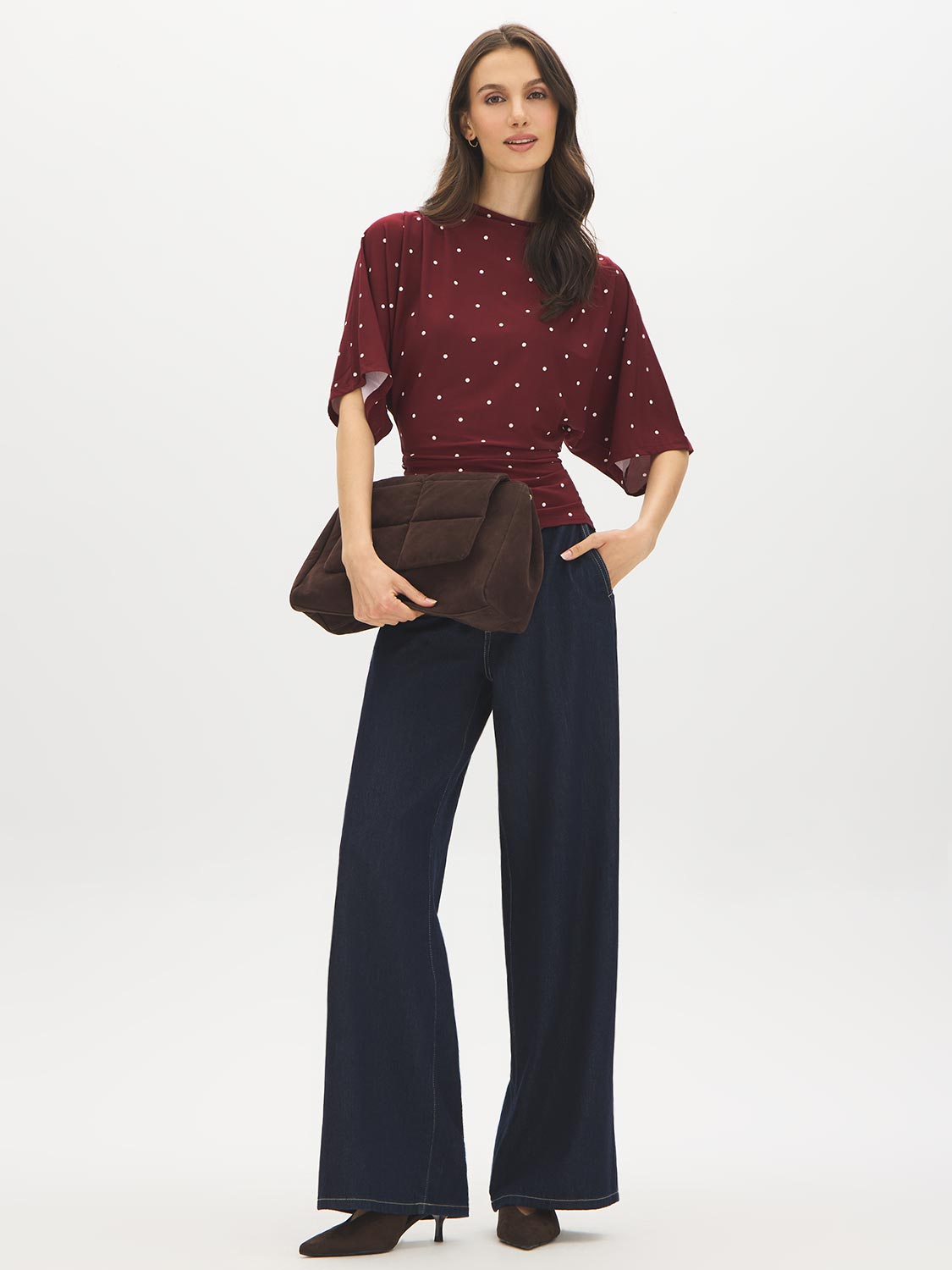 Zinfandel Polka Dot Funnel Neck Top with Kimono Sleeves - Front View - Suzy Shier