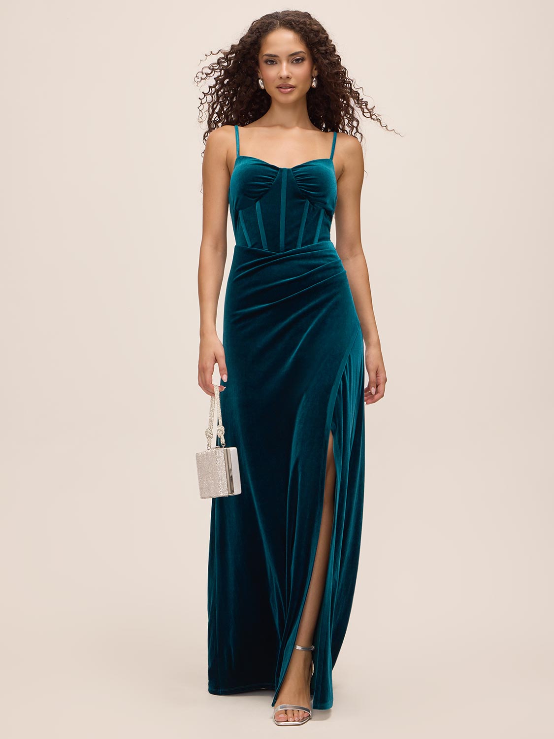 Teal Velour V-Neck Gown with Boning Detail - Front View - Le Chateau