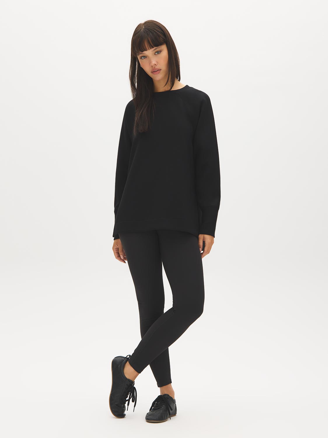 Black Brushed Knit Leggings with Wide Waistband - Woman Wearing Soft Stretch Leggings - Suzy Shier