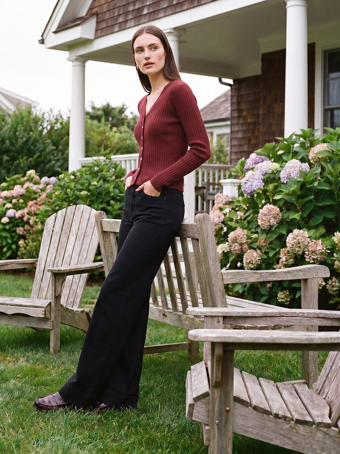 Syrah V-Neck Ribbed Cardigan - Woman Wearing Button Front Long Sleeve Sweater - Suzy Shier