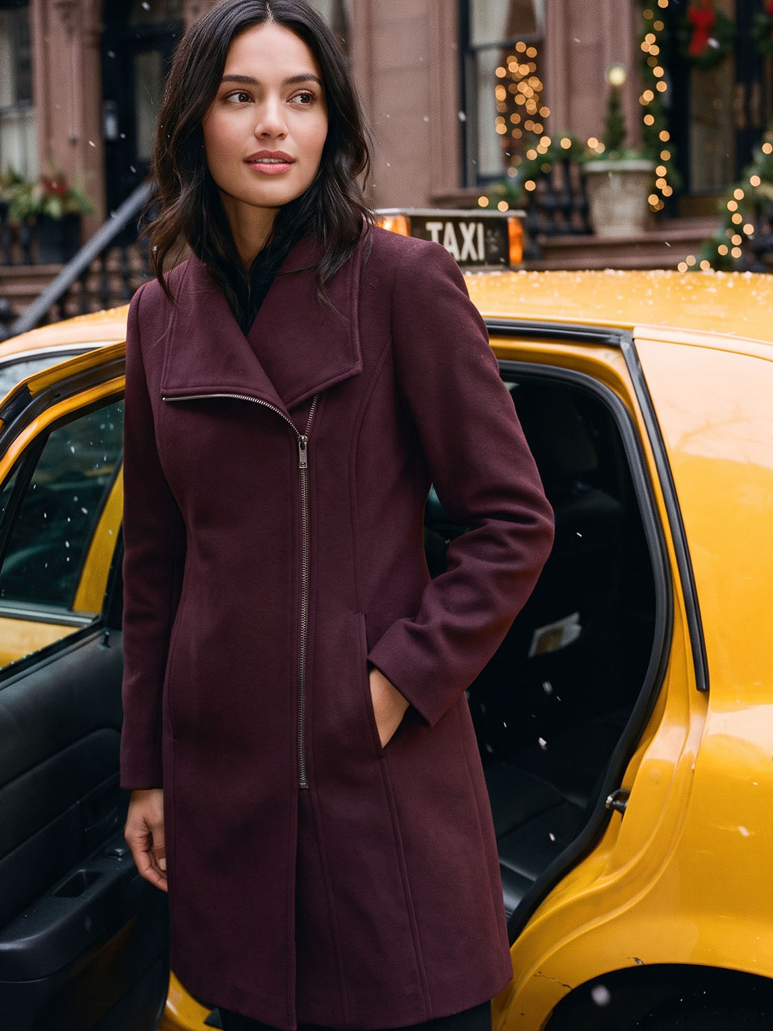 DK Burgundy Asymmetrical Zip Faux Wool Coat - Full Front View with Scarf - Suzy Shier