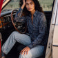 Navy Printed Satin V-Neck Blouse - Woman Wearing Paisley Patterned Blouse - Suzy Shier