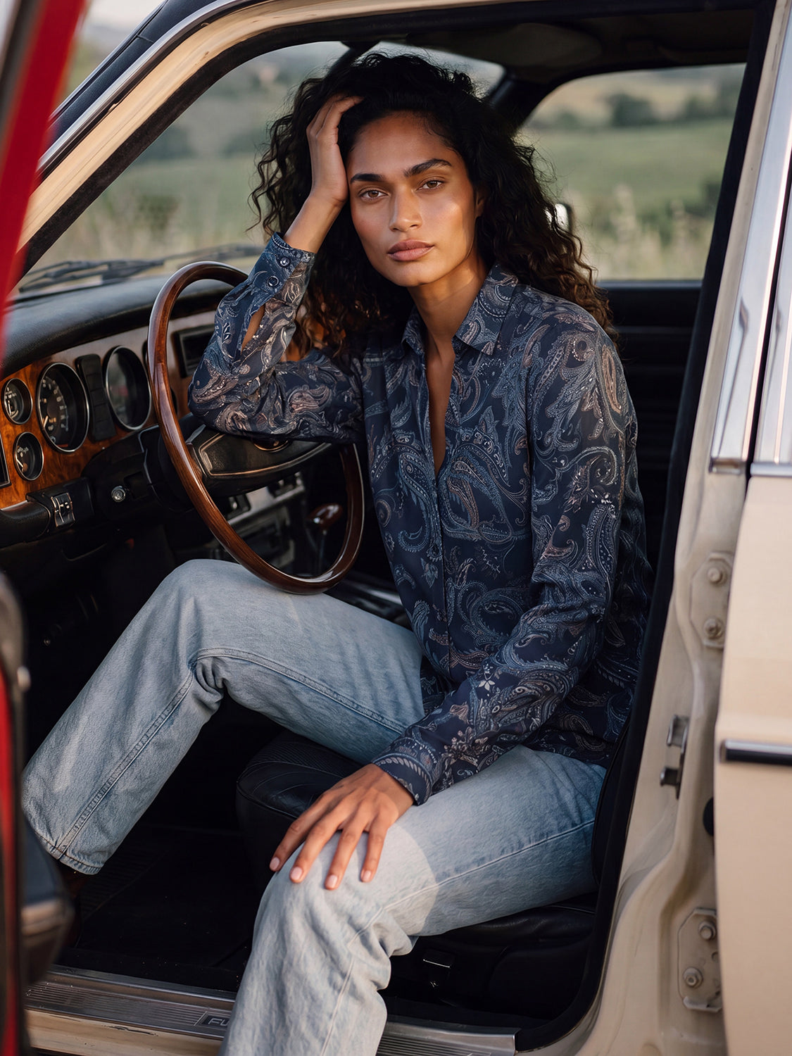 Navy Printed Satin V-Neck Blouse - Woman Wearing Paisley Patterned Blouse - Suzy Shier