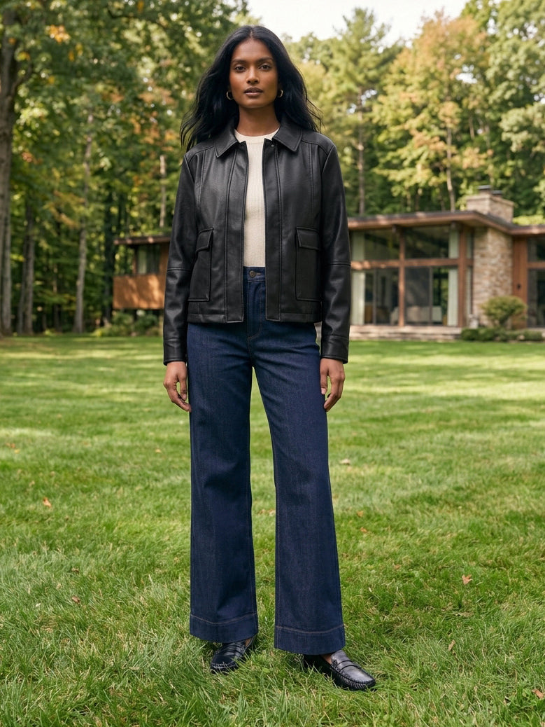 Black Oversized Faux Leather Utility Jacket - Woman Wearing Lined Utility Outerwear - Suzy Shier