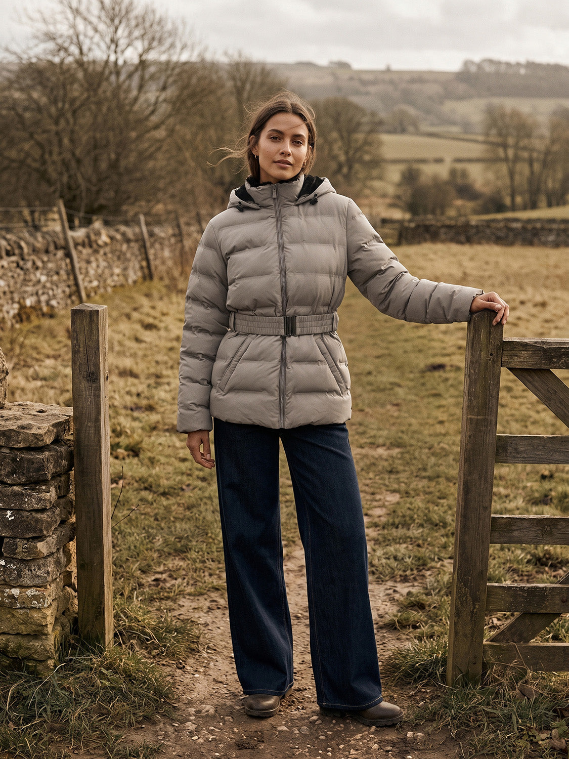 Black Quilted Belted Puffer Jacket with Faux Fur - Front View - Suzy Shier