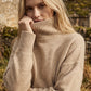 Fancy Beige Melange Mock Neck Knit Sweater - Woman Wearing Cozy Dropped Shoulder Pullover - Suzy Shier