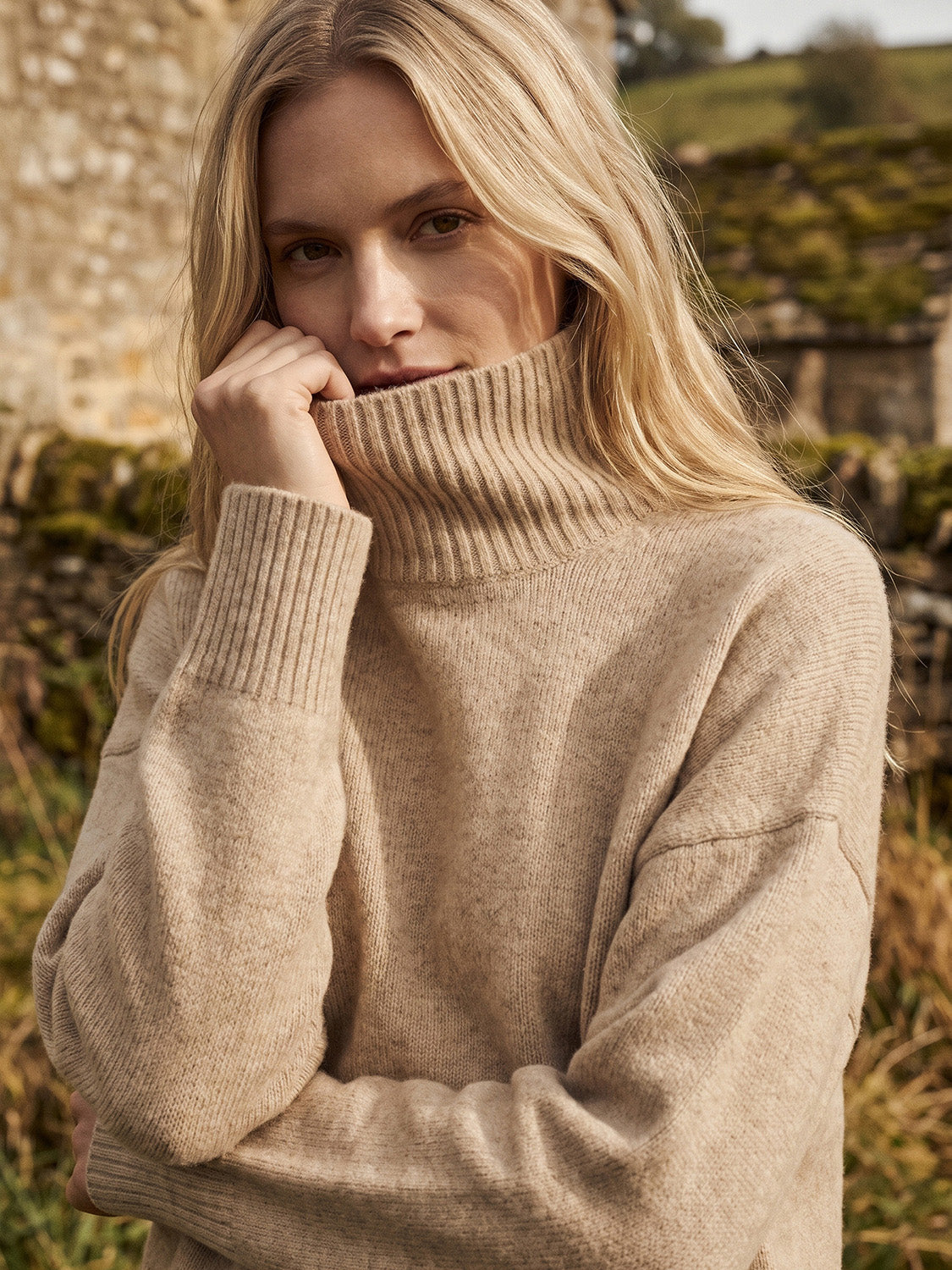 Fancy Beige Melange Mock Neck Knit Sweater - Woman Wearing Cozy Dropped Shoulder Pullover - Suzy Shier