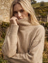 Fancy Beige Melange Mock Neck Knit Sweater - Woman Wearing Cozy Dropped Shoulder Pullover - Suzy Shier