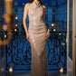 Silver/Champagne Cowl Neck Sequin Gown - Woman Wearing Sleeveless Flared Evening Dress - Le Chateau