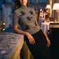 Charcoal Beaded Mock Neck Knit Sweater - Woman Wearing Elegant Short Sleeve Sweater - Le Chateau
