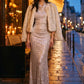 Silver/Champagne Cowl Neck Sequin Gown - Woman Wearing Sleeveless Flared Evening Dress - Le Chateau