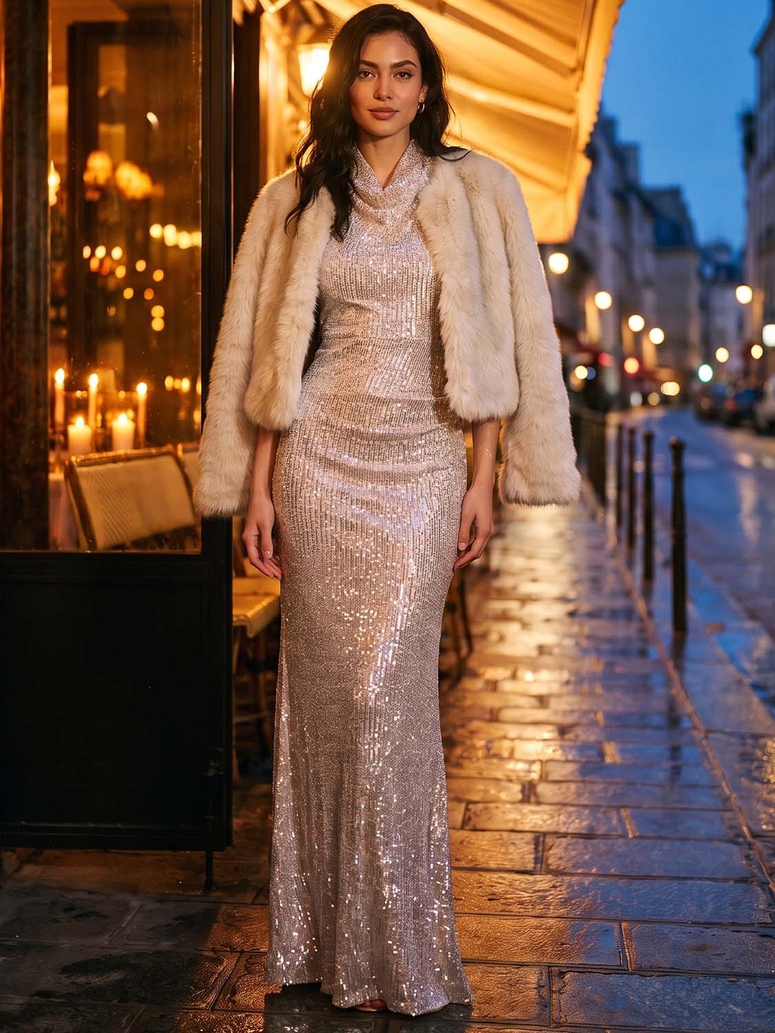 Silver/Champagne Cowl Neck Sequin Gown - Woman Wearing Sleeveless Flared Evening Dress - Le Chateau