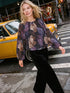 Prune Floral Mesh Bubble Top with Balloon Sleeves - Woman Wearing Printed Mesh Top - Suzy Shier