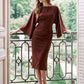 Brick Satin Boat Neck Sheath Dress - Woman Wearing Dress with Batwing Sleeves - Le Chateau