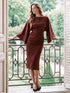 Brick Satin Boat Neck Sheath Dress - Woman Wearing Dress with Batwing Sleeves - Le Chateau