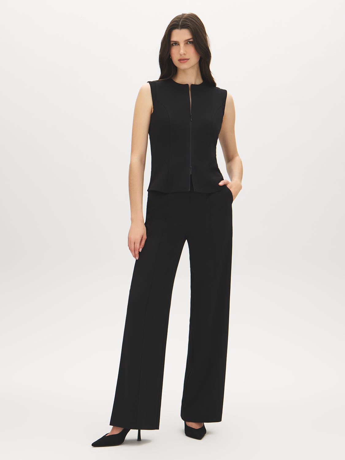 Black Sleeveless Zip-Front Vest Top - Front View - Suzy Shier