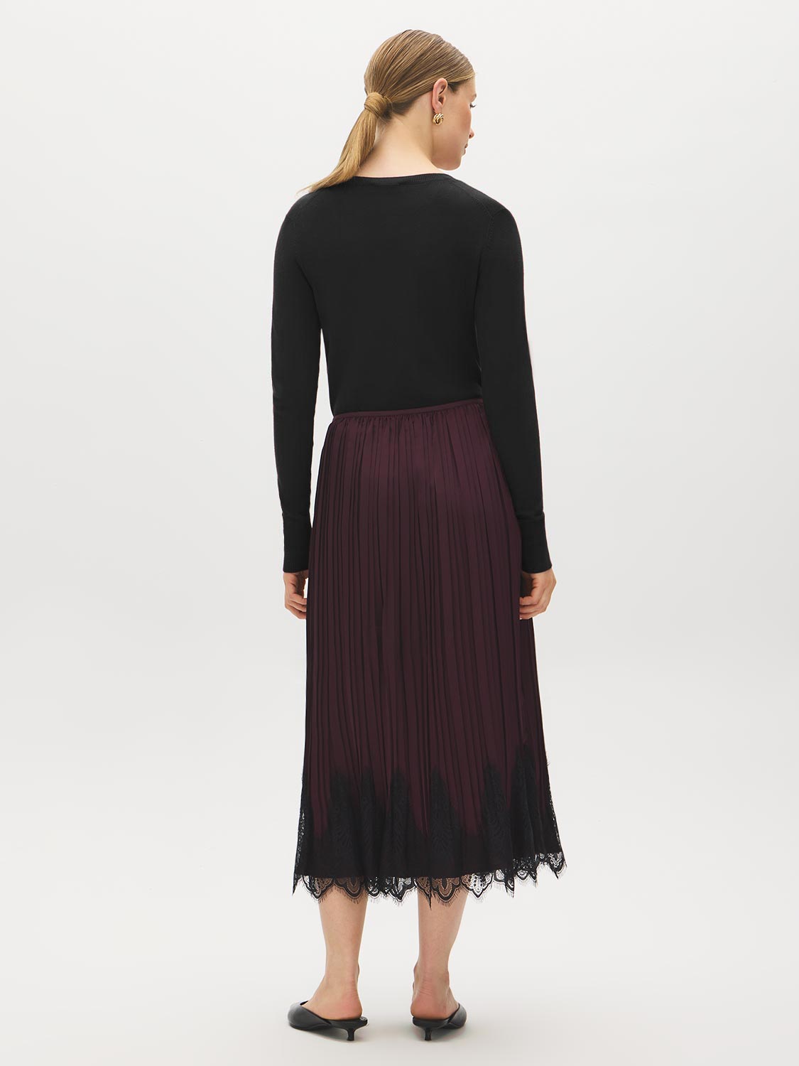 Winetasting Pleated Satin-Like Skirt with Lace Hem - Back View - Suzy Shier