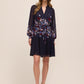 Dark Sapphire Border Floral Midi Dress with Puff Sleeves - Woman Wearing Split Neckline Dress with Self-Tie Sash - Le Chateau