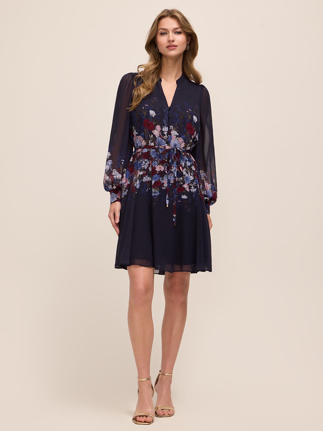 Dark Sapphire Border Floral Midi Dress with Puff Sleeves - Woman Wearing Split Neckline Dress with Self-Tie Sash - Le Chateau