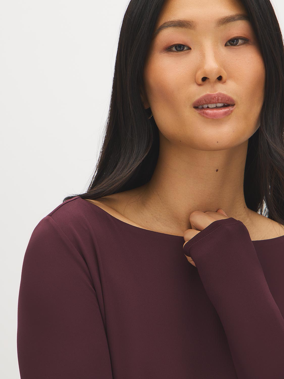 Jet Black Double Layer Boat Neck Top - Close-up Neckline Detail - Suzy Shier