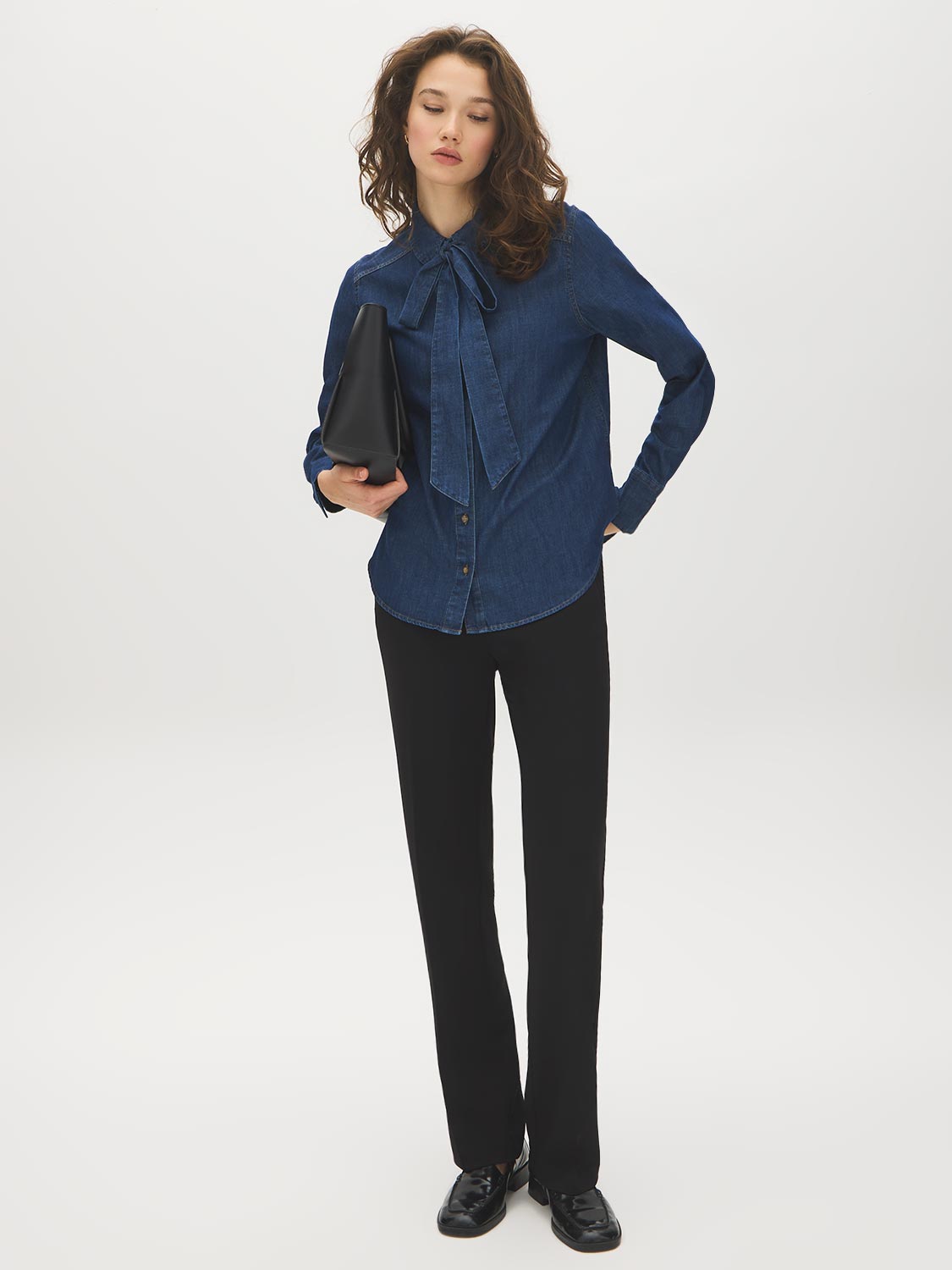 Dark Denim Wash Blouse with Removable Neck Tie - Front View - Suzy Shier