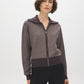 Brown/Beige Jacquard Zip Front Sweater - Woman Wearing Knit Sweater with Solid Collar - Suzy Shier