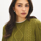 Pistachio Melange Cable Knit Crew Neck Sweater - Close-up Fabric Detail - Suzy Shier