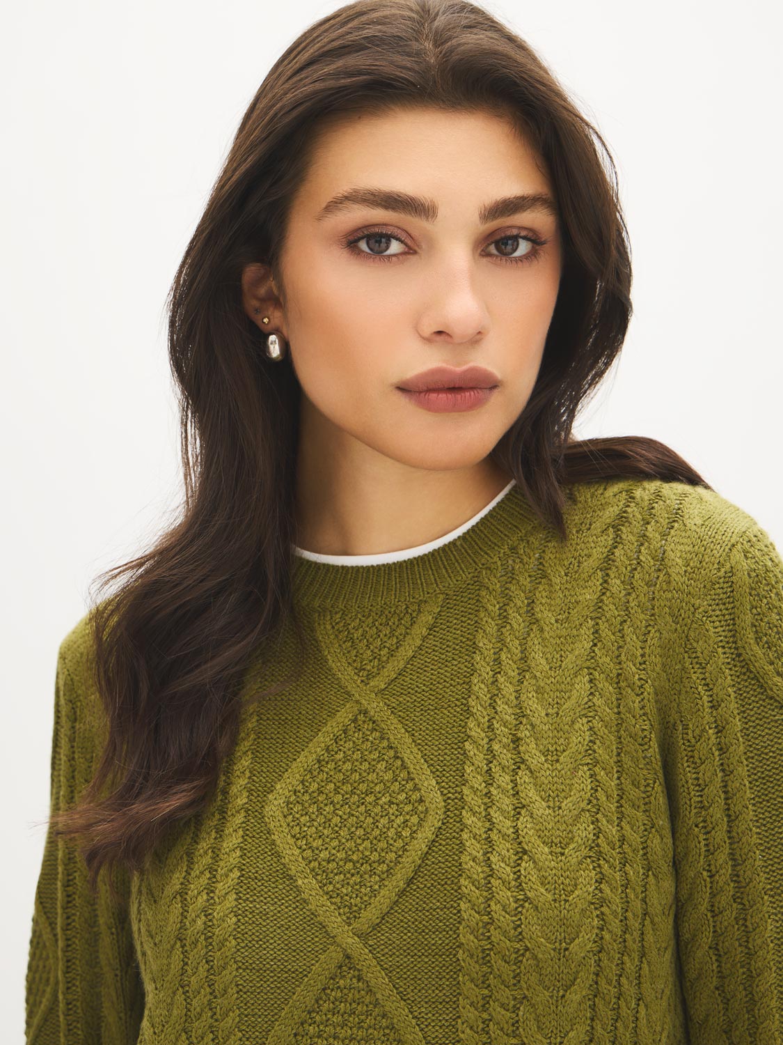 Pistachio Melange Cable Knit Crew Neck Sweater - Close-up Fabric Detail - Suzy Shier
