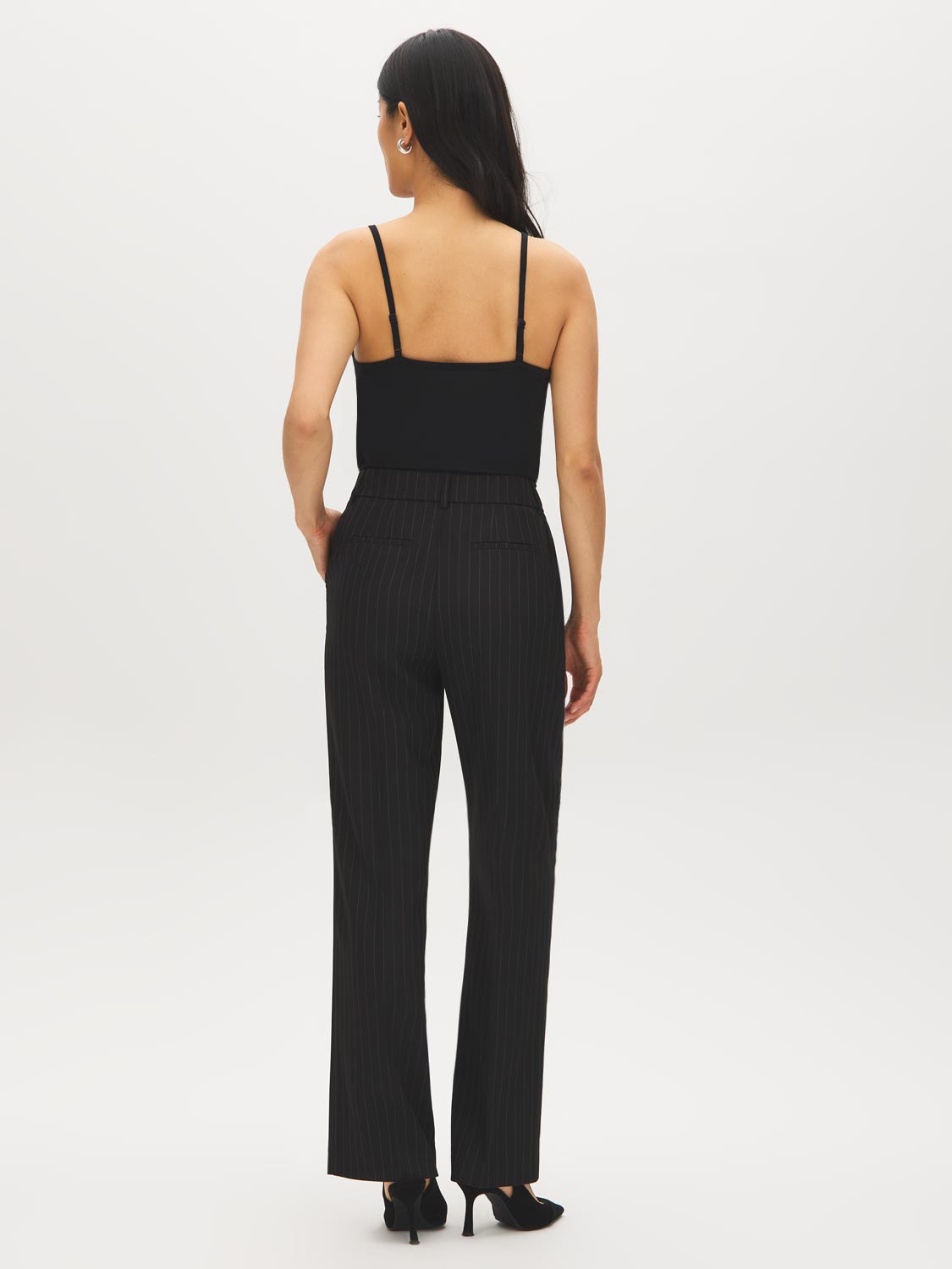 Black/White Stripe Fly-Front Ankle Trousers - Back View - Suzy Shier