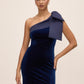 Midnight Blue One Shoulder Velour Gown with Satin Bow - Front View - Le Chateau