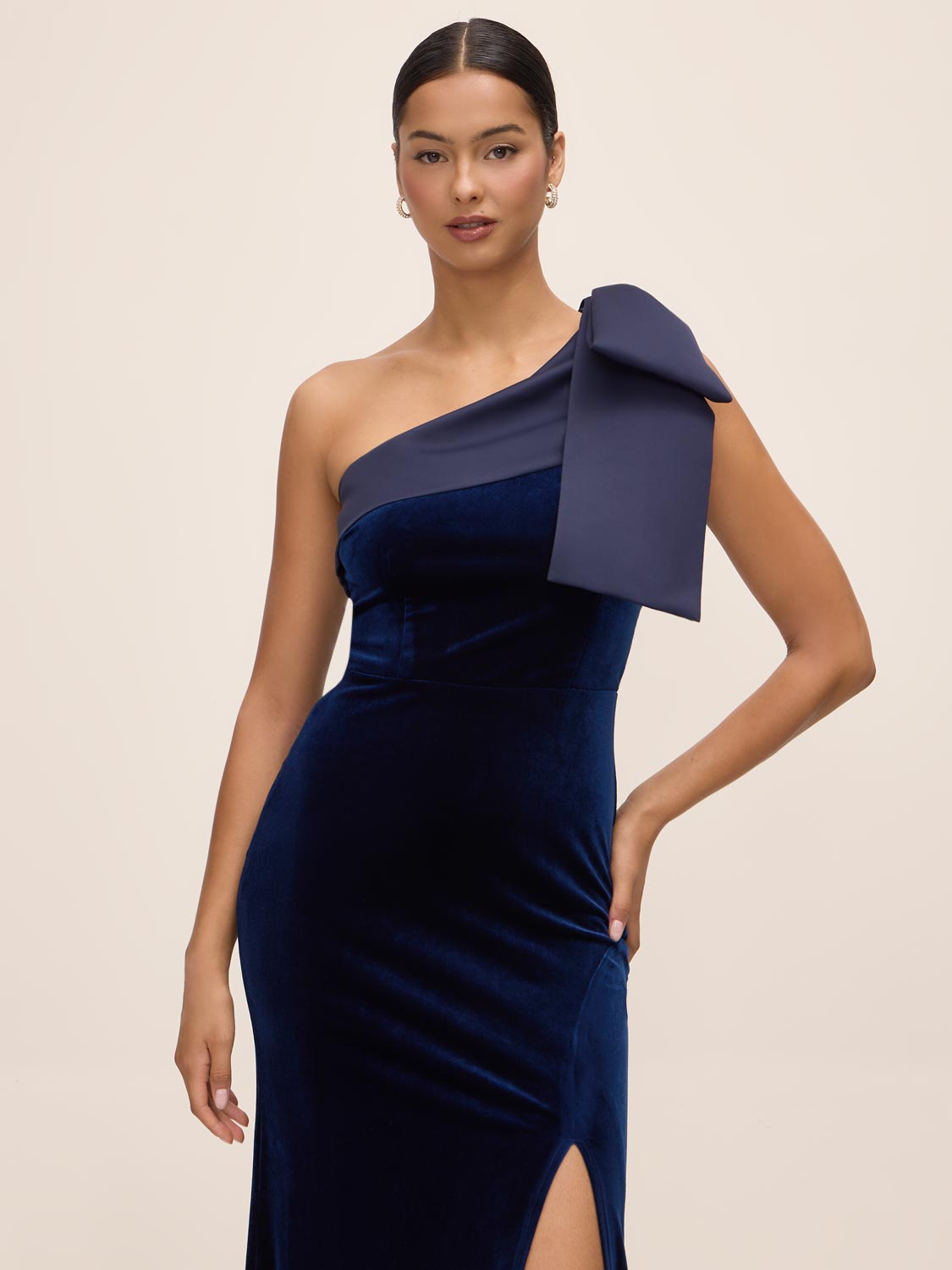 Midnight Blue One Shoulder Velour Gown with Satin Bow - Front View - Le Chateau