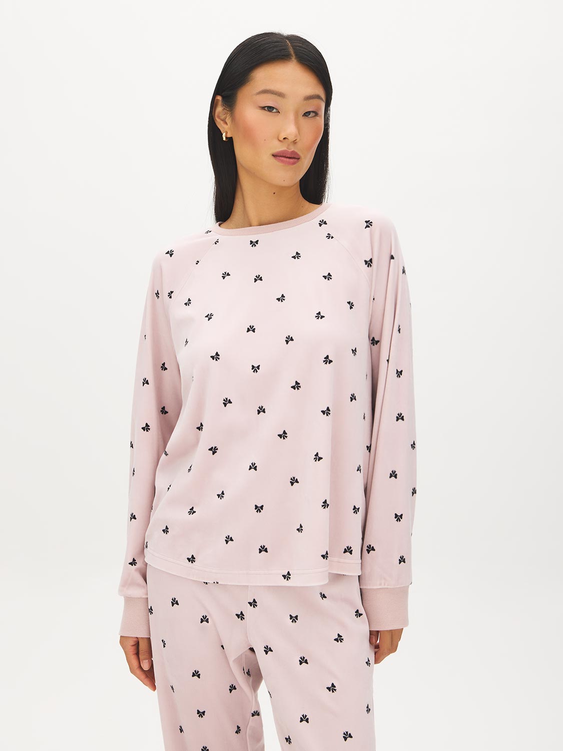 Cloud Gray Velour Bows Print PJ Set - Front View - Suzy Shier
