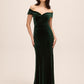 Dark Emerald Off-Shoulder Velour Mermaid Gown - Woman Wearing Floor-Length Evening Dress - Le Chateau