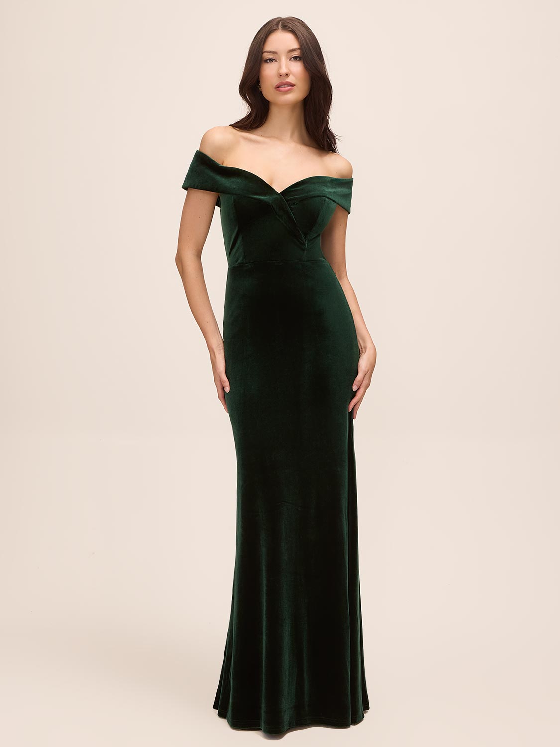 Dark Emerald Off-Shoulder Velour Mermaid Gown - Woman Wearing Floor-Length Evening Dress - Le Chateau
