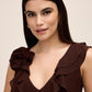 Coco Powder V-Neck Chiffon Gown with Tiered Ruffles - Woman Wearing Elegant Evening Dress - Le Chateau