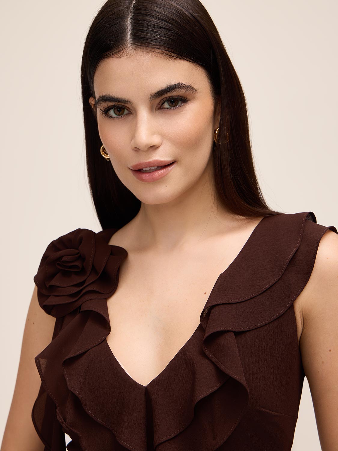 Coco Powder V-Neck Chiffon Gown with Tiered Ruffles - Woman Wearing Elegant Evening Dress - Le Chateau