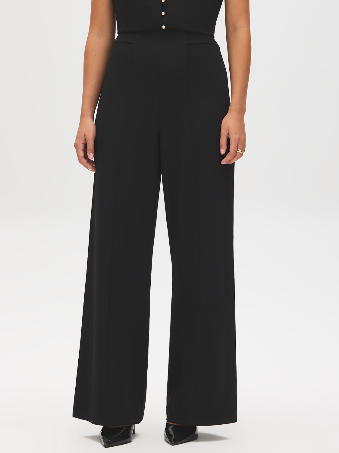 Black Wide-Leg Crepe Pull-On Pants - Front View - Suzy Shier