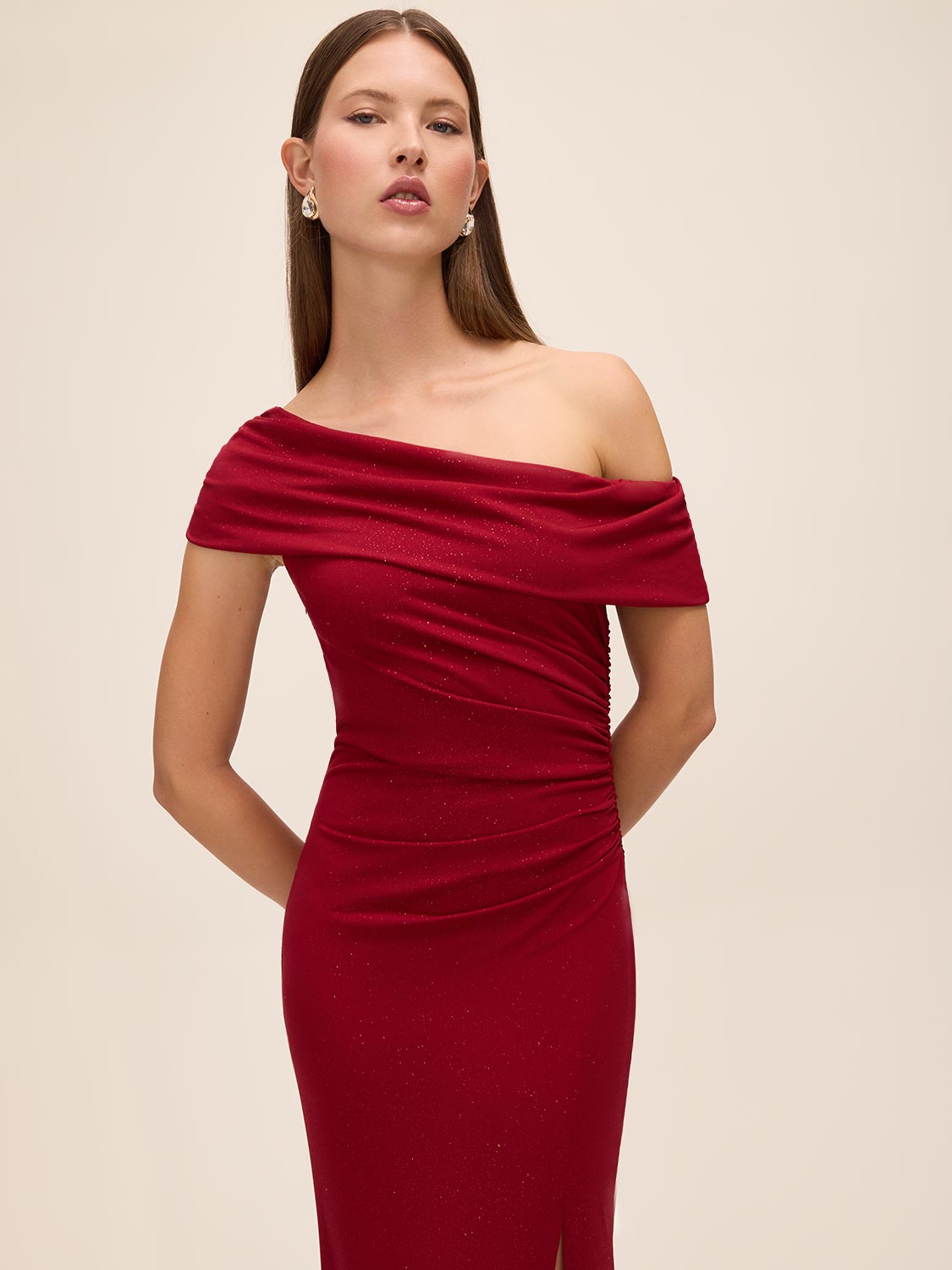 Lipstick Red Glitter Knit One-Shoulder Gown - Front View - Le Chateau