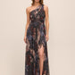 Dark Sapphire Bordeaux Floral One-Shoulder Gown - Woman Wearing Cut-Out Evening Dress with Front Slit - Le Chateau