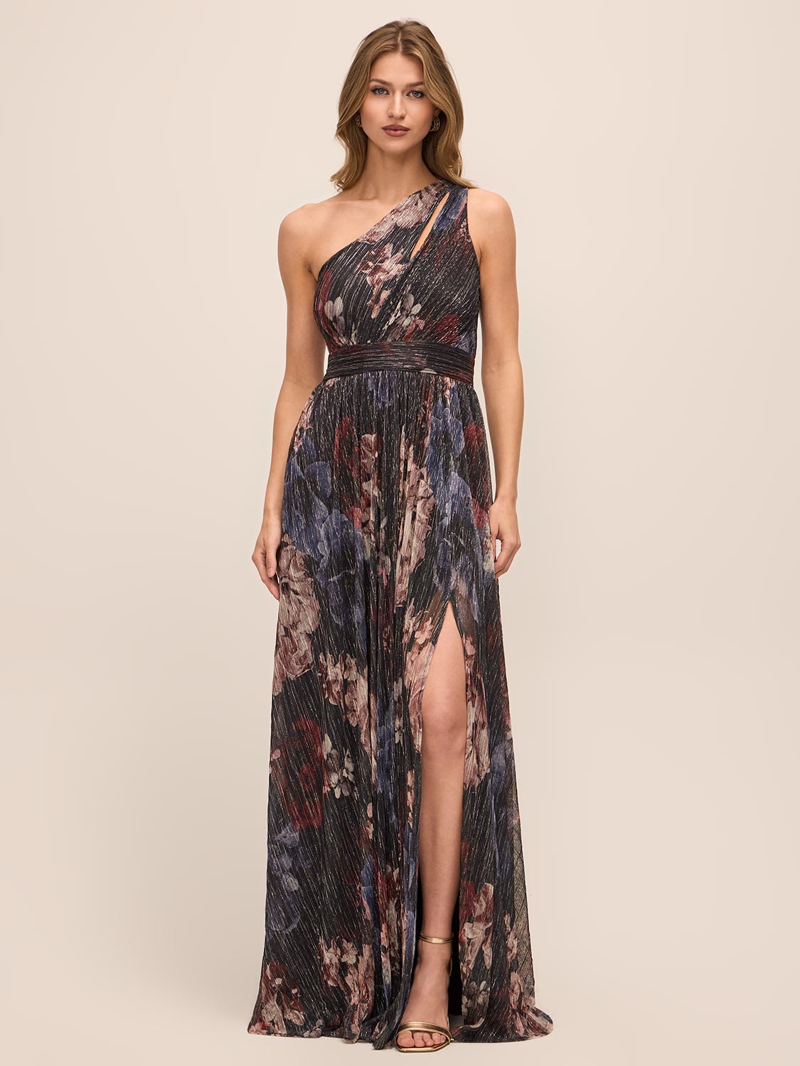 Dark Sapphire Bordeaux Floral One-Shoulder Gown - Woman Wearing Cut-Out Evening Dress with Front Slit - Le Chateau