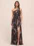 Dark Sapphire Bordeaux Floral One-Shoulder Gown - Woman Wearing Cut-Out Evening Dress with Front Slit - Le Chateau