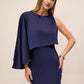 Dark Sapphire Satin Slip Popover Dress with Asymmetric Cape - Front View - Le Chateau