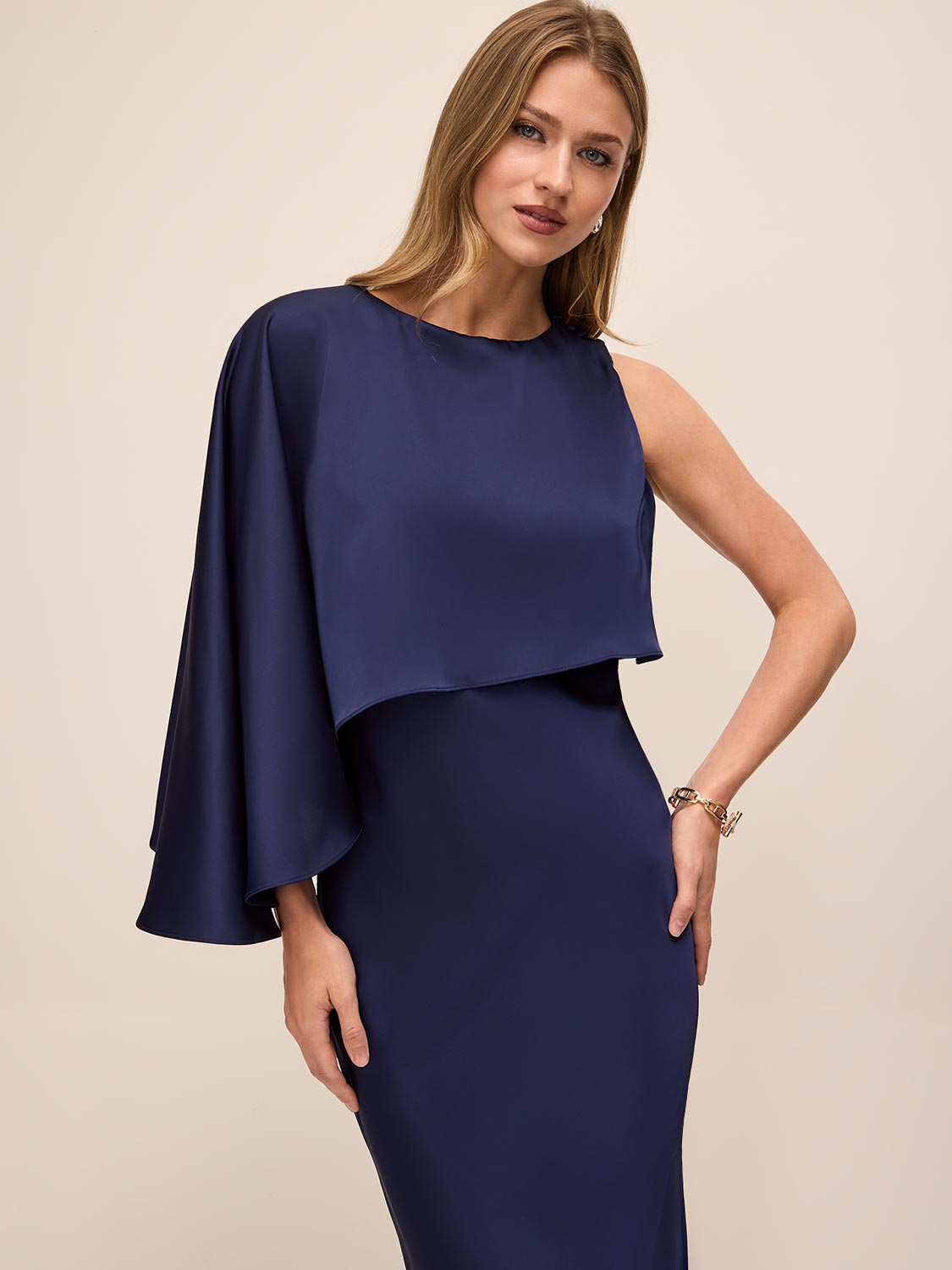 Dark Sapphire Satin Slip Popover Dress with Asymmetric Cape - Front View - Le Chateau